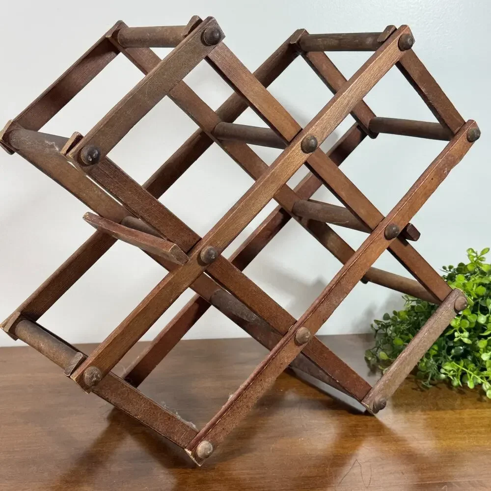 Vintage Wood Wine Rack 5 Bottle Expanding Folding Accordion Style Holder Wooden